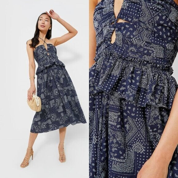 En Saison NEW Navy White Daytona Western Coastal Cowgirl Midi Dress Size Large